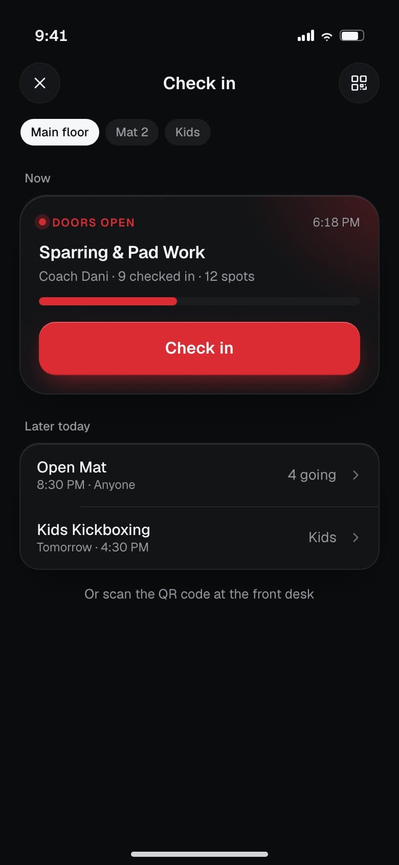 Check in: today's classes at the gym with a one-tap check in