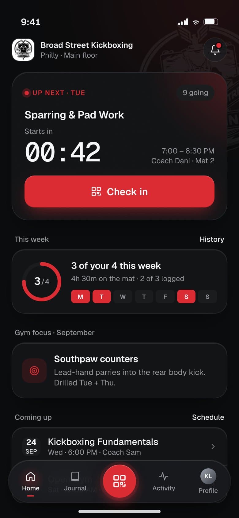 Member home: next class countdown, one-tap check in, this week's training