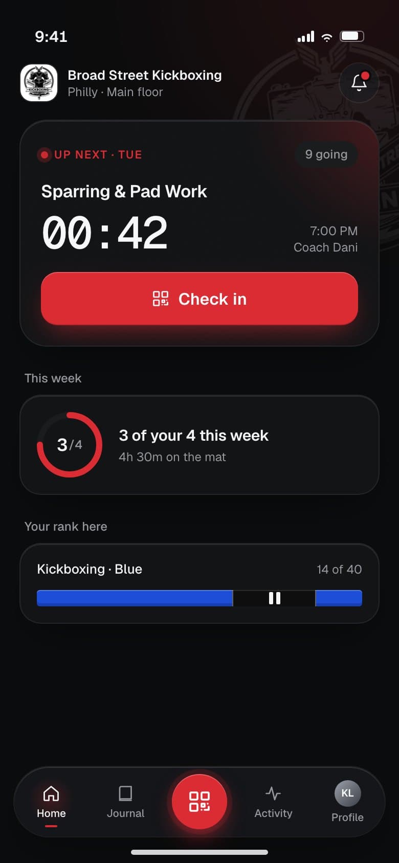 Broad Street Kickboxing: the app in the gym's red, with its logo