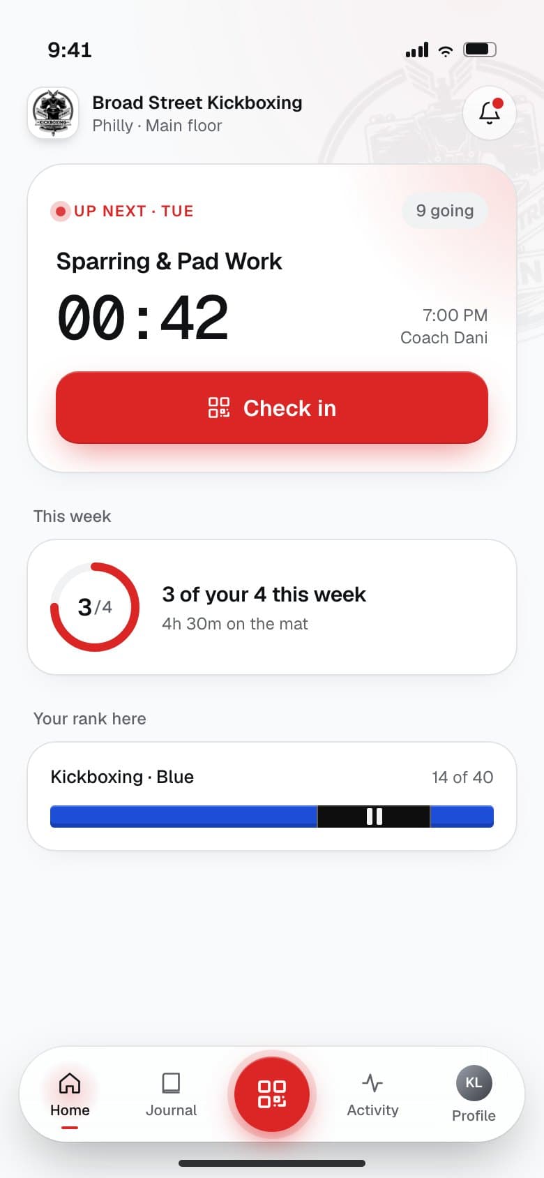 Broad Street Kickboxing: the app in the gym's red, with its logo
