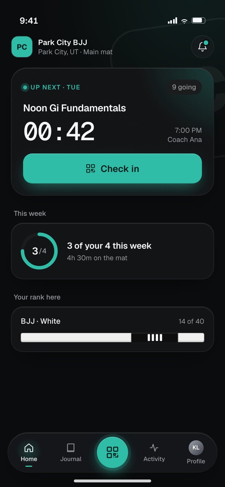 Park City BJJ: the same app in the gym's teal