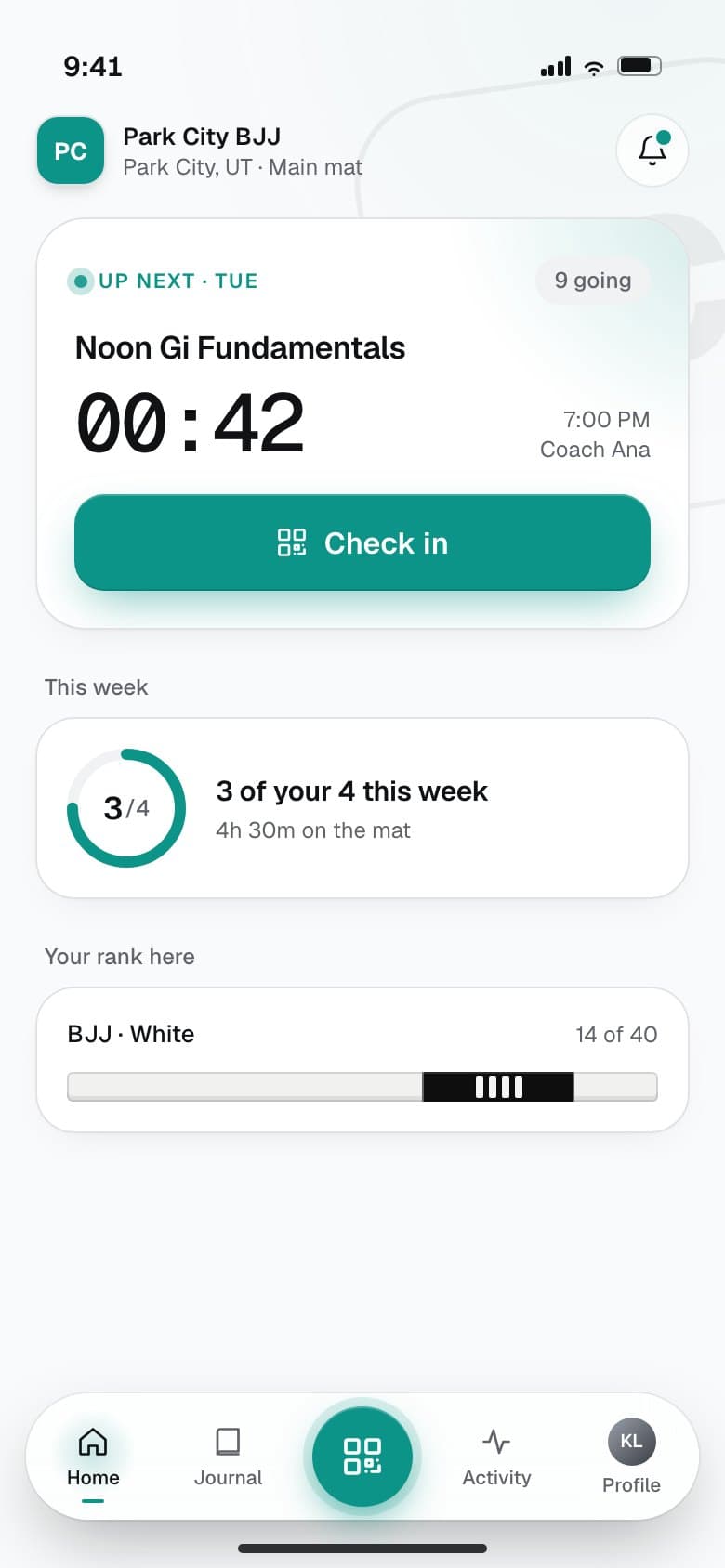 Park City BJJ: the same app in the gym's teal