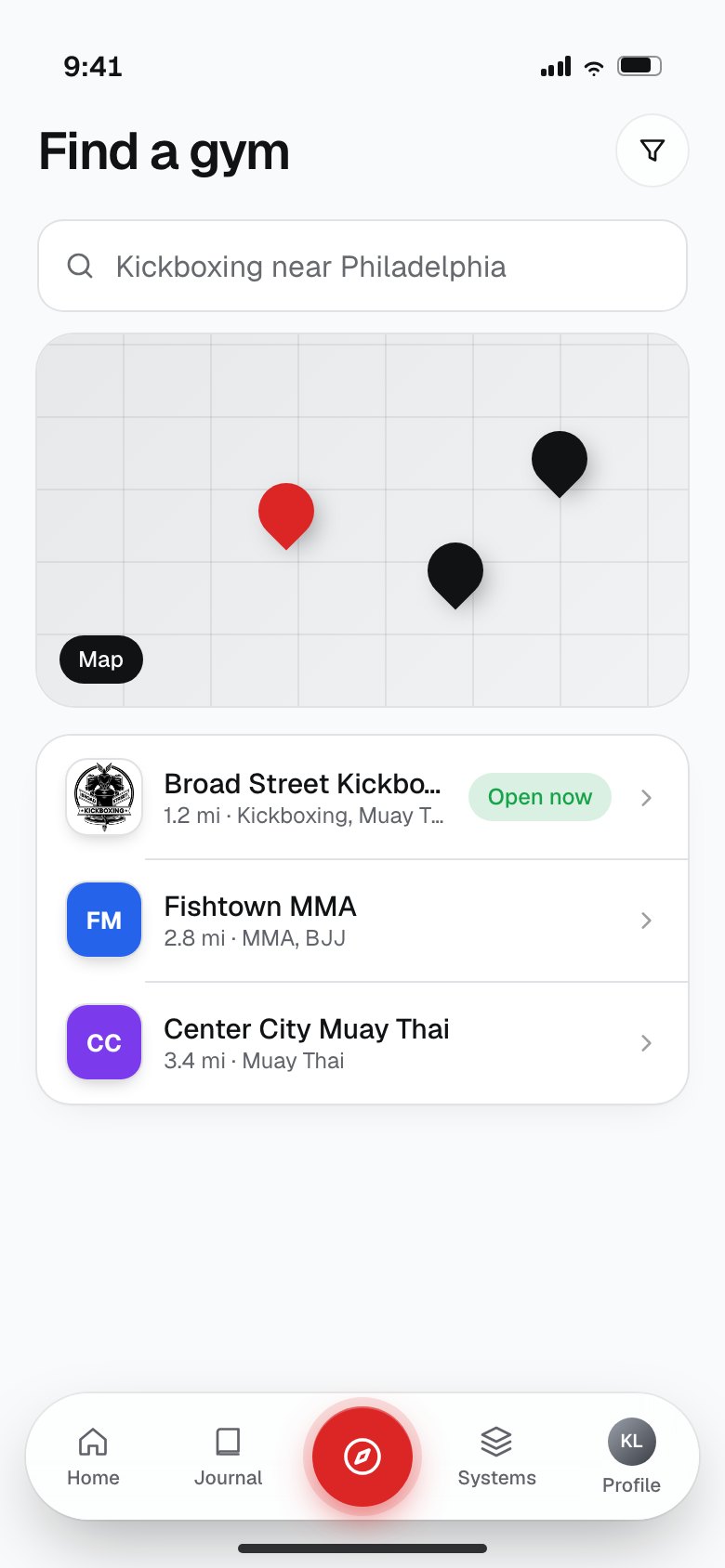 OLM member app find-a-gym screen used when a member drops in at another academy on the platform
