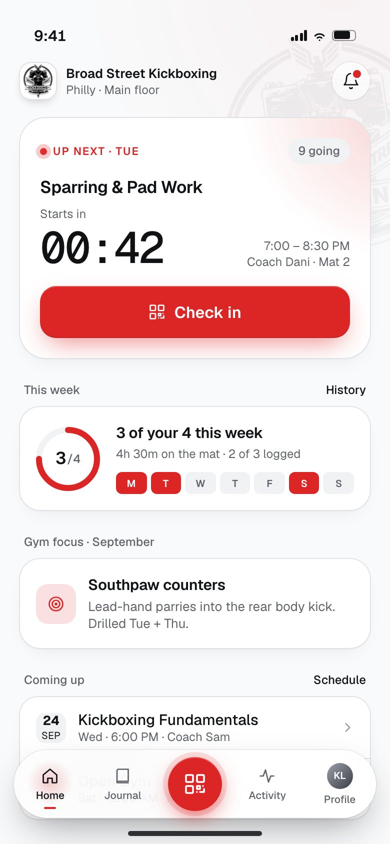 OLM member app home showing the next class, a one-tap Check in button, and the week's training