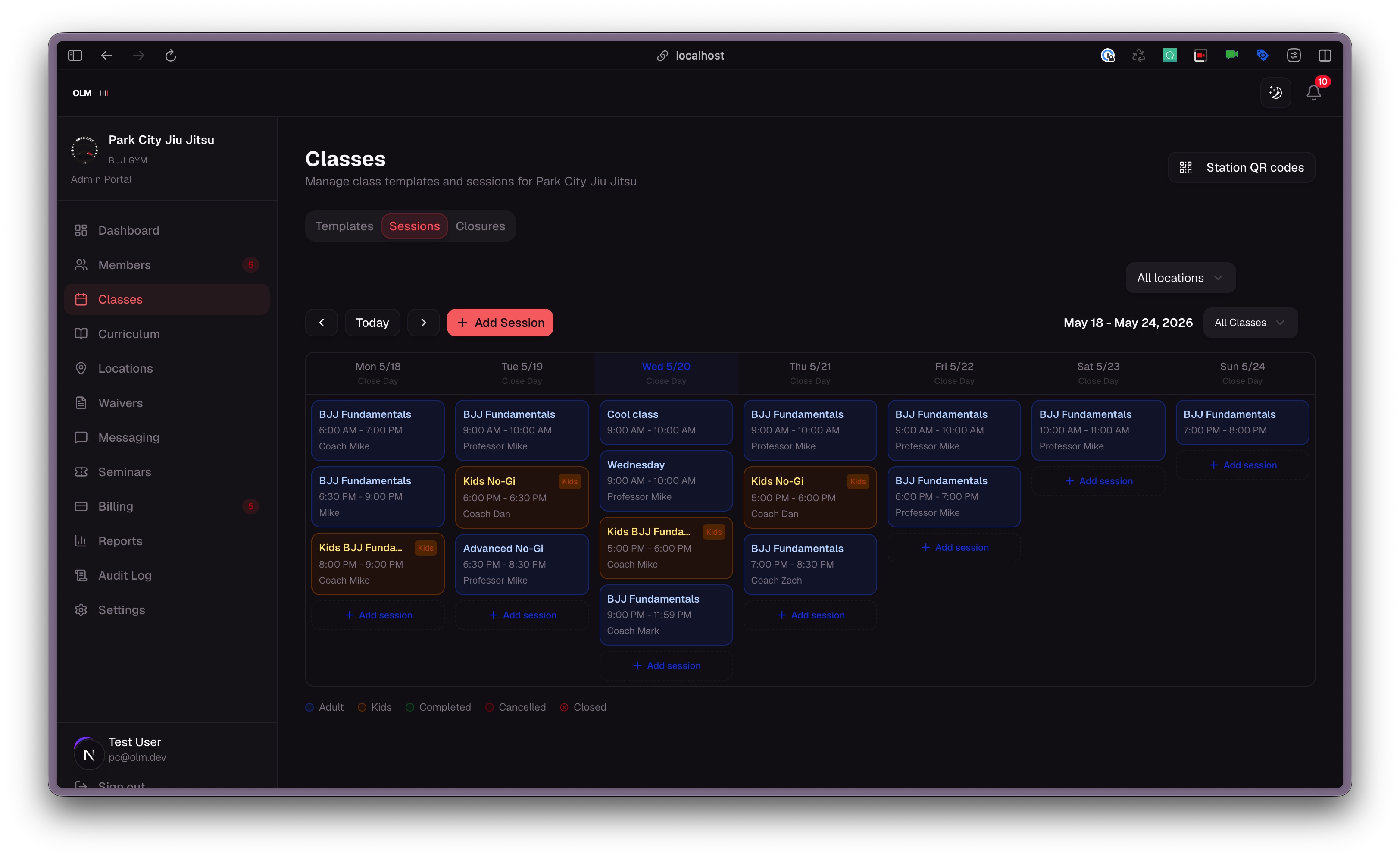 OLM admin view of class sessions generated from weekly templates, each ready to receive check-ins