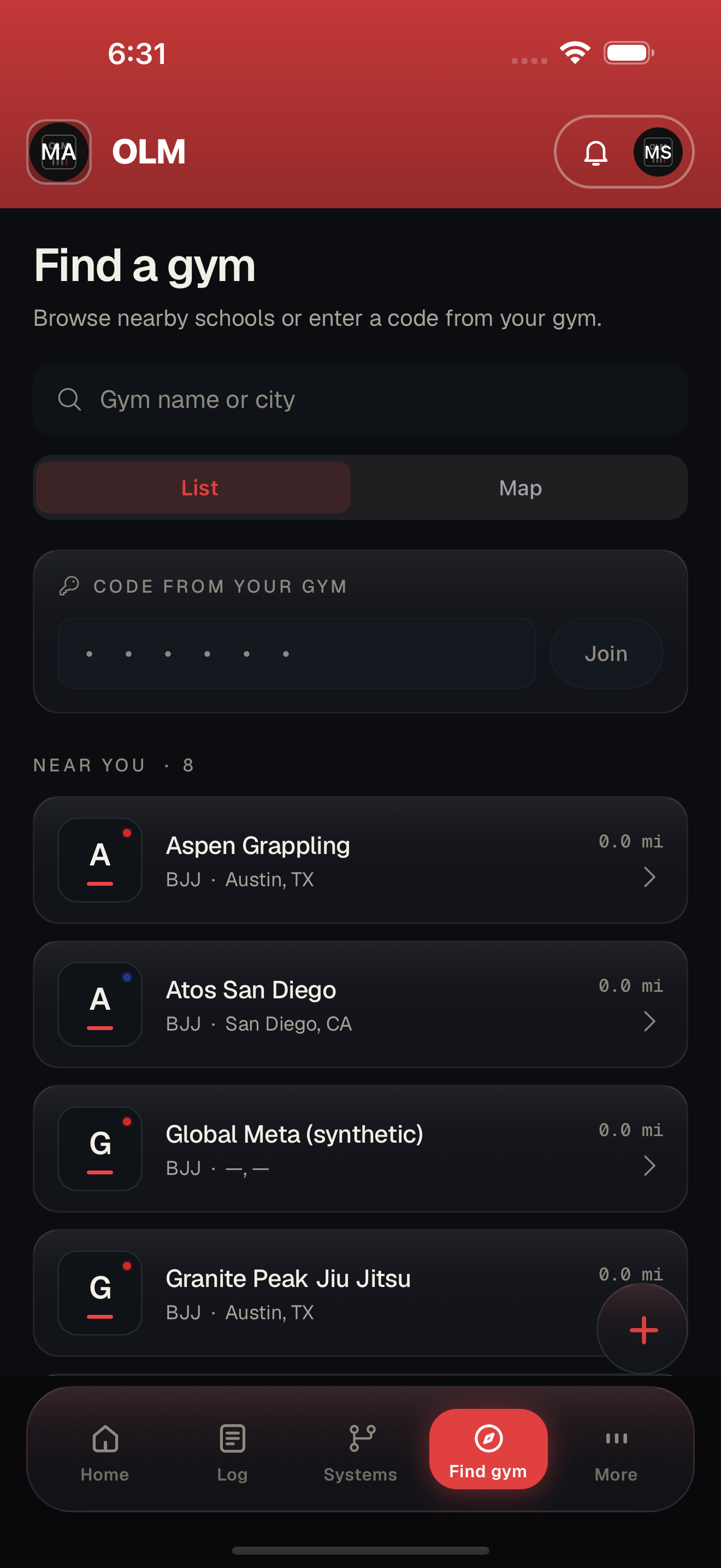 OLM member app find-a-gym screen used when a member drops in at another academy on the platform
